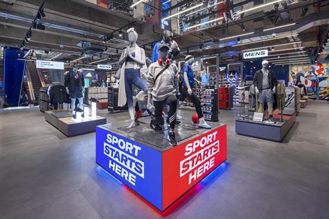 Interior of Sports Direct Manchester store showing mannequins in sportswear